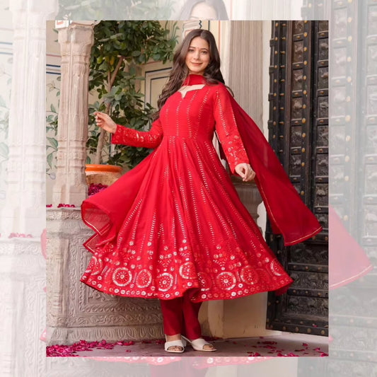 Red Embroidered Anarkali Suit with Dupatta